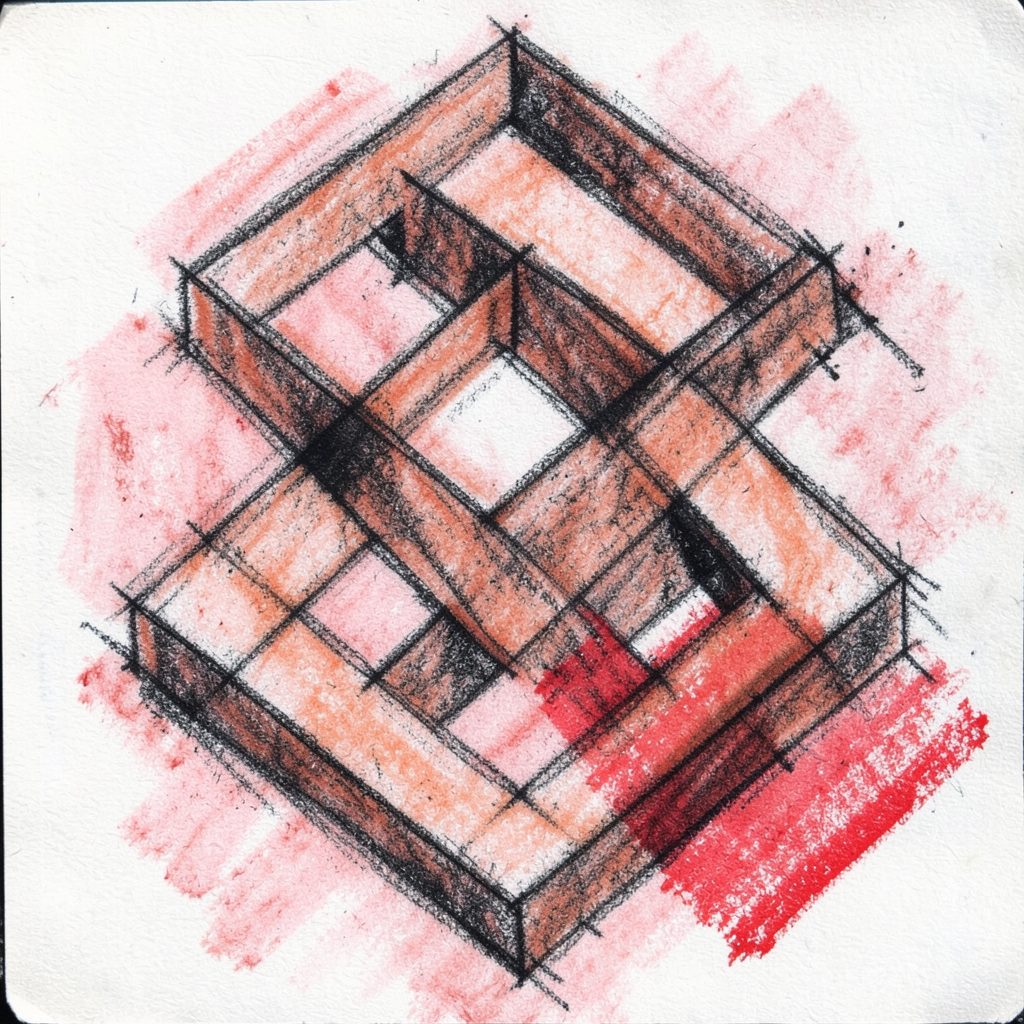 A charcoal sketch of interlocking geometric forms in terracotta and charcoal, with subtle pink washes, suggesting connection and structure.