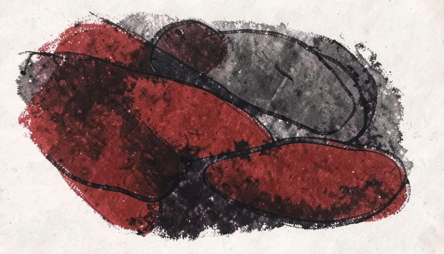 A bold charcoal drawing of layered organic shapes in deep brick-red and muted gray tones, creating a grounded and modern feel.