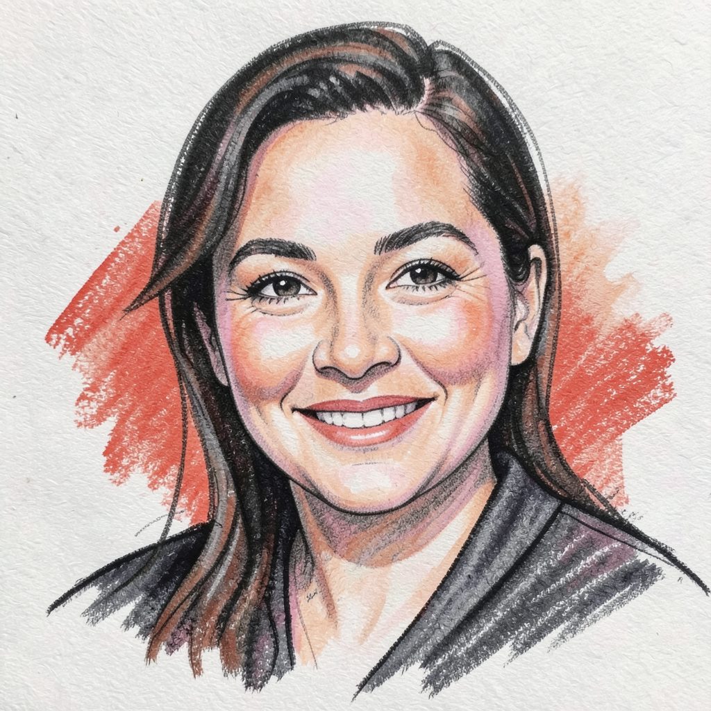 A soft charcoal portrait-style drawing with warm terracotta undertones and gentle pink highlights, radiating a friendly and approachable mood.
