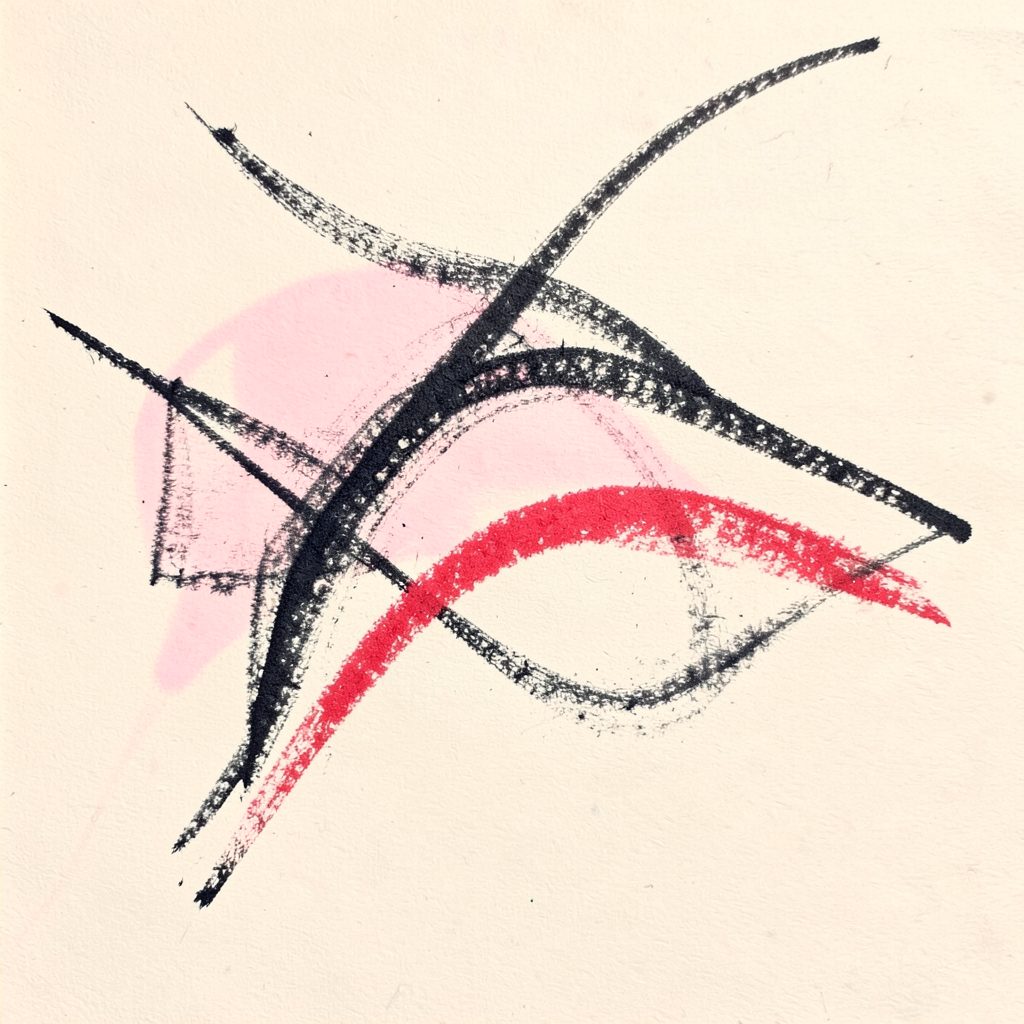 A charcoal-rendered abstract scene with flowing lines and soft pink accents against a warm off-white background, evoking clarity and simplicity.